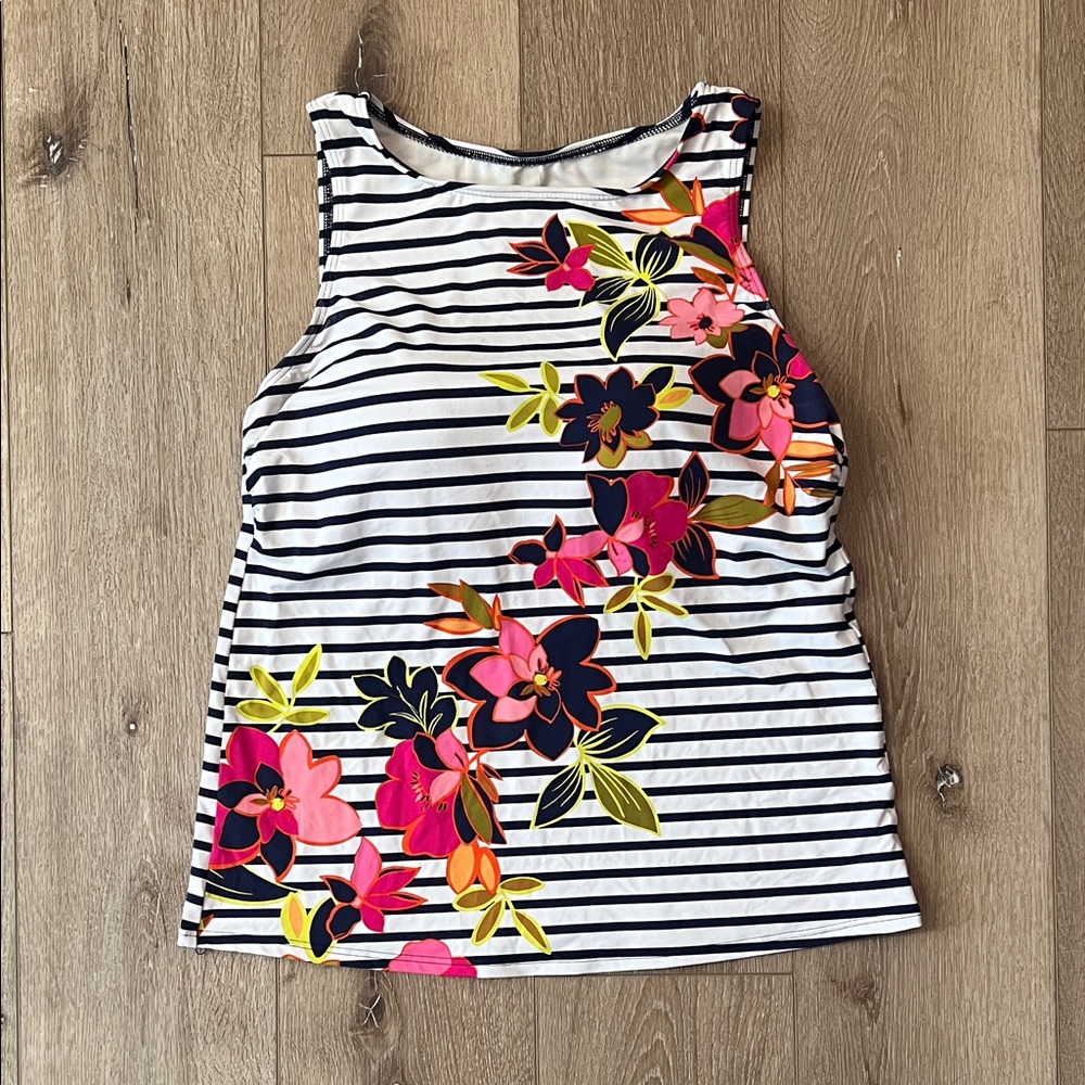 Lands' End ~ Navy and White Striped/Floral High Neck Swim Tank Tankini Top, 14 - Picture 2 of 15